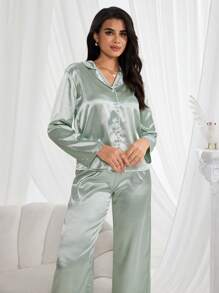 Nina Bonheur 2 件套女式府绸前开扣长袖衬衫睡衣 + 松紧腰裤睡衣套装，可爱家居服 - 薄荷綠 - 查看 5