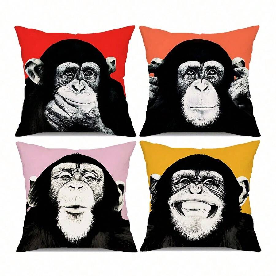 4pcs Or 1pc Vintage Colorful Gorilla Decorative Throw Pillow Cover For Car, Home, Bedroom, Living Room Sofa - Multicolor - View 1