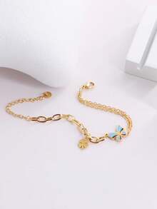 1 Tông Màu Vàng Nhỏ Giọt Xanh & Đen Bướm Cỏ Ba Lá May Mắn Mặt Dây Chuyền Bất Đối Xứng Đôi Dây Xích Vòng Tay Dành Cho Nữ Trang Phục Hàng Ngày - Vàng - Xem 2