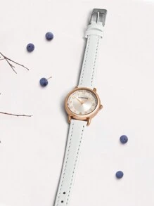 LUCKYFOX Teen Student Minimalist Versatile Rose Gold PU Leather Strap Quartz Wrist Watch - White - View 4