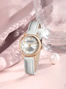 LUCKYFOX Teen Student Minimalist Versatile Rose Gold PU Leather Strap Quartz Wrist Watch - White - View 1