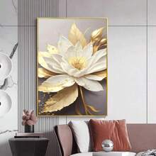 1 pieza/Sin marco, Pintura decorativa de flores blancas florecientes con hojas doradas, cuadro de arte de pared de lona, impresiones de lujo para decoración moderna del hogar en la sala de estar