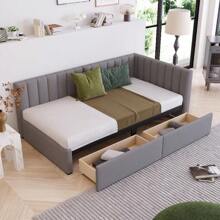 Twin Corner Daybed With 2 Storage Drawers,L Shaped Day Bed With Upholstered Armrest,Modern Sofa Bed Frame,Linen Fabric,No Box Spring Needed - Xám - Xem 1