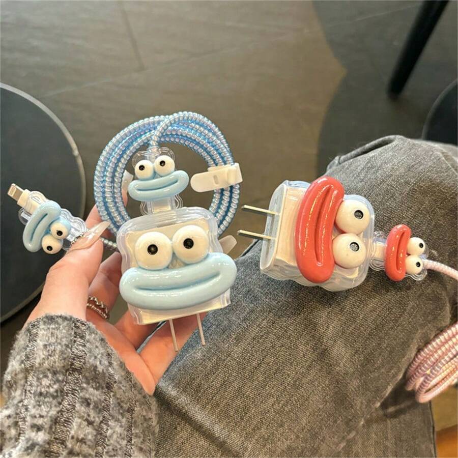 Set de 5 piezas: Estuche protector de carga rápida de 20W, protector de cabezal de carga con diseño de onda, protector de cable de 18W, protector de datos Promax de 15, estuche suave con diseño de boca linda para protector de cargador