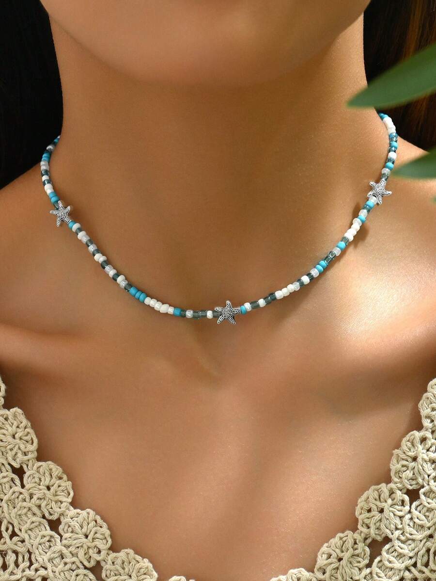 1pc Handmade Starfish Beaded Necklace With Random Design, Summer Beachy Style, Suitable For Daily Wear Or Beach Parties, For Women's Jewelry - Blue Rice Beads + Silver Starfish - View 1