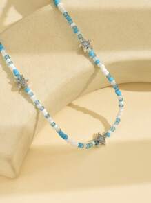 1pc Handmade Starfish Beaded Necklace With Random Design, Summer Beachy Style, Suitable For Daily Wear Or Beach Parties, For Women's Jewelry - Blue Rice Beads + Silver Starfish - View 4