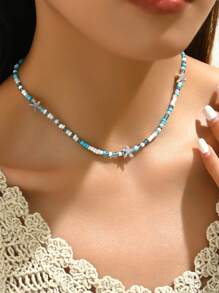 1pc Handmade Starfish Beaded Necklace With Random Design, Summer Beachy Style, Suitable For Daily Wear Or Beach Parties, For Women's Jewelry - Blue Rice Beads + Silver Starfish - View 2