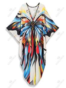 Colorful Butterfly Print Kaftan Maternity Beach Dress Vacation - Multicolor - View 4