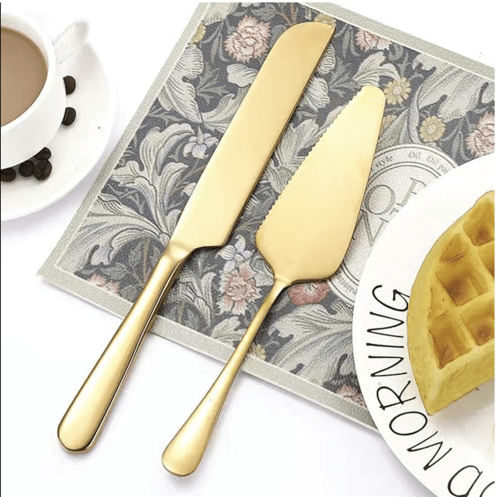 مجموعة خدمة قطع الكيك من الفولاذ المقاوم للصدأ بمقبض من اللؤلؤ السيراميكي - سكاكين الكيك الفاخرة، ملعقة الكيك، سكين الزفاف، قاطع البيتزا، شوكة الحلوى الفضية/الذهبية/السوداء مع صندوق هدية