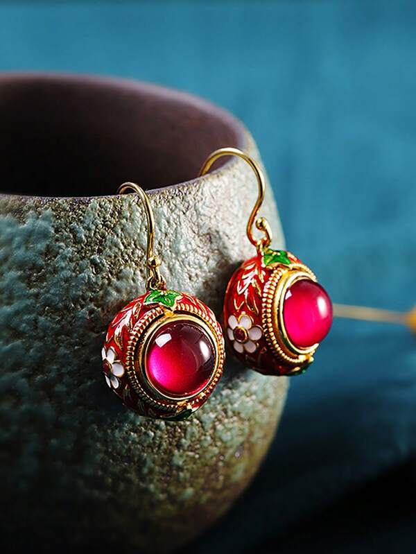 1pc 18K Gold-Plated Retro Thai Style Enamel Red Ruby Dangle Earring, New Fashion Jewelry For Women's Daily Wear