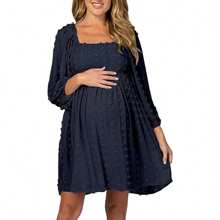 Women's Long Sleeve Maternity Dress Square Neck Swiss Dot Casual Loose Short Dresses - 藏蓝色 - 查看 1