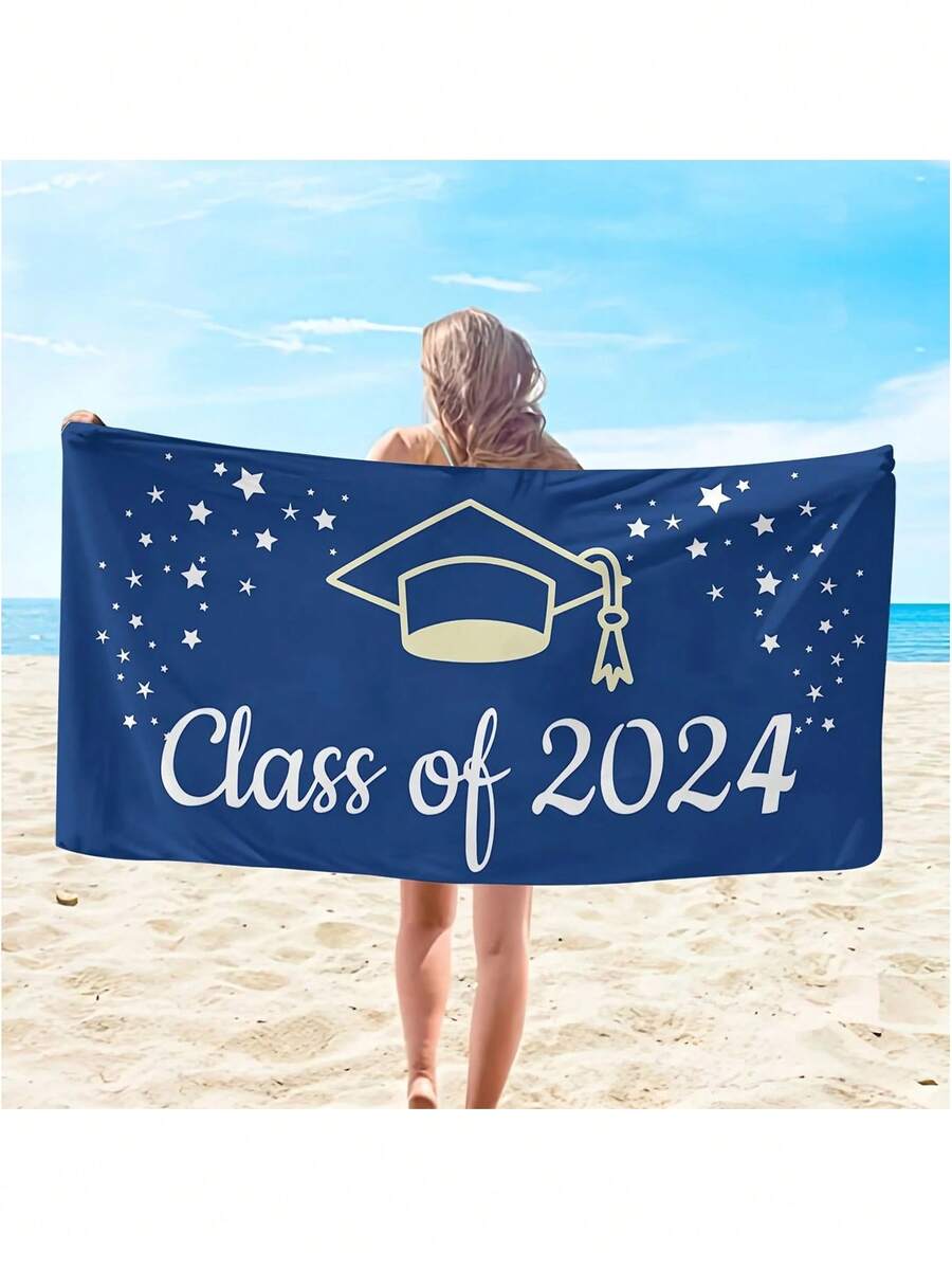 1入組海灘巾2024西瓜畢業季學生旅遊攝影浴巾75*150cm，適用於家庭戶外運動游泳攀登露營等運動配件毛巾 - 藍色 - 查看 1