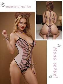 Sexy Sex Lingerie Set ,5 Pieces Cat Girl Dress Up Set Costume Floral Applique Shaggy Trim, Baby Doll, Lace Baby Doll, Baby Dool, Sexy Lingerie, Seductive Bodysuit - Purple - View 5