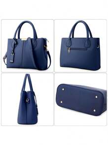 Women Classic Top Handle Satchel Bag PU Leather Handbag Shopper Work Crossbody Tote Bag With Shoulder Strap - Navy Blue - View 3