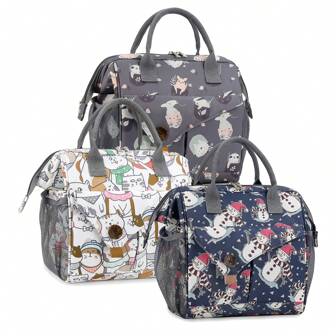 1個大容量牛津布時尚媽媽揹包，動物圖案，附有保溫瓶袋和尿布收納空間，適用於母嬰日常休閒使用