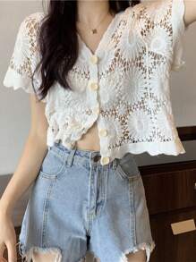 1pc Women Summer Lace Floral Sheer Long Sleeve Sun Protection Shirt, V-Neck Short Style Top - Multicolor - View 16