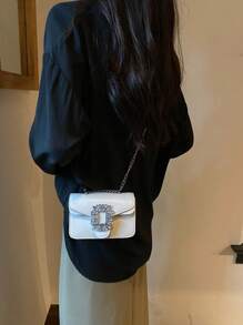 Mini Rhinestone Decoration Shoulder Bag, Fashionable PU Flap With Metal Chain Strap Clutch For Women - White - View 2