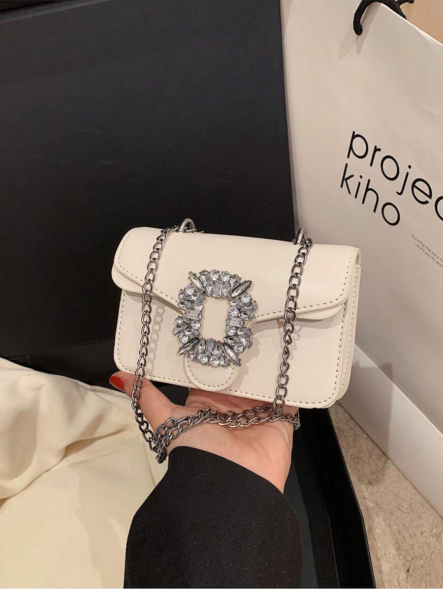 Mini Rhinestone Decoration Shoulder Bag, Fashionable PU Flap With Metal Chain Strap Clutch For Women - White - View 1