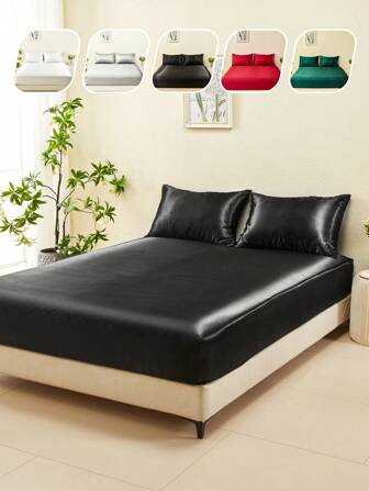 2/3pcs Luxury Satin Bedding Set, Bedding Ensemble, Fitted Sheet Set, Bed Cover Set, Solid Color Mattress Protector Set, Soft & Comfortable Bedroom Bedding Set, Thick Mattress Pad Cover, 1pc Mattress Cover + 1/2pcs Pillow Shams, Suitable For Twin, Full, Queen, King Size Beds, Super Soft & Breathable, Silky Smooth, Wrinkle-Resistant, Machine Washable Fitted Sheet