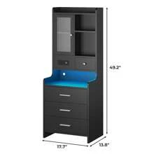 Tall Nightstand With Charging Station, LED Bedside Table With Bookshelf And Drawers, Black - Black - View 7