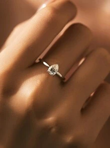 MODIAN 925純銀D色梨形碳化矽戒指水滴實驗室鑽石女式結婚婚禮珠寶 - 銀色 - 查看 3