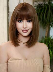 14 Inch Màu Nâu Ngắn Bob Tổng Hợp Thẳng Tóc Giả Với Nổ Và Chịu Nhiệt Tóc Giả Thích Hợp Cho Các Bạn Gái Sử Dụng Hàng Ngày trong Mùa Hè - màu nâu - Xem 2