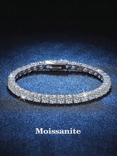 1pc 3mm High Quality Hip Hop 4-Prong Moissanite Diamond Tennis Bracelet 925 Sterling Silver Fully Iced Out, Luxury, High-End, Exquisite Jewelry, Fashion Jewelry, Wedding Engagement Gift For Brides
