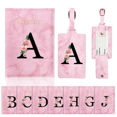 Initial Passport Cover And Luggage Tag Set, 2Pcs ID Charm Letter Passport Holder And Luggage Tag For Women Men Kids, Luggage Tag PU Leather For Suitcase Baggage Handbag Travel Bag Label Suitcase Tag Suitcase Label Tag With Privacy Cover, For Lipstick, Brush, Skincare, Mobile Phone, Coin, Small Items, For Home, Gift, Vacation And Festival Halloween Christmas Multifunctional Use