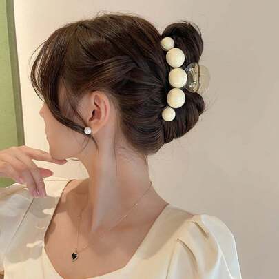 1pc Women's Elegant & Fashionable Oversized Acrylic Hair Claw With Apricot-Colored Double-Sided Faux Pearls, Suitable For Daily Wear, Dates And Vacations Valentines Claw Clips Hair Clips Hair Jaw Clip Hair Clamps Hair Clutch Hair Catcher Clip, Casual Fall Winter Hair Accessories For Women Valentines Gift