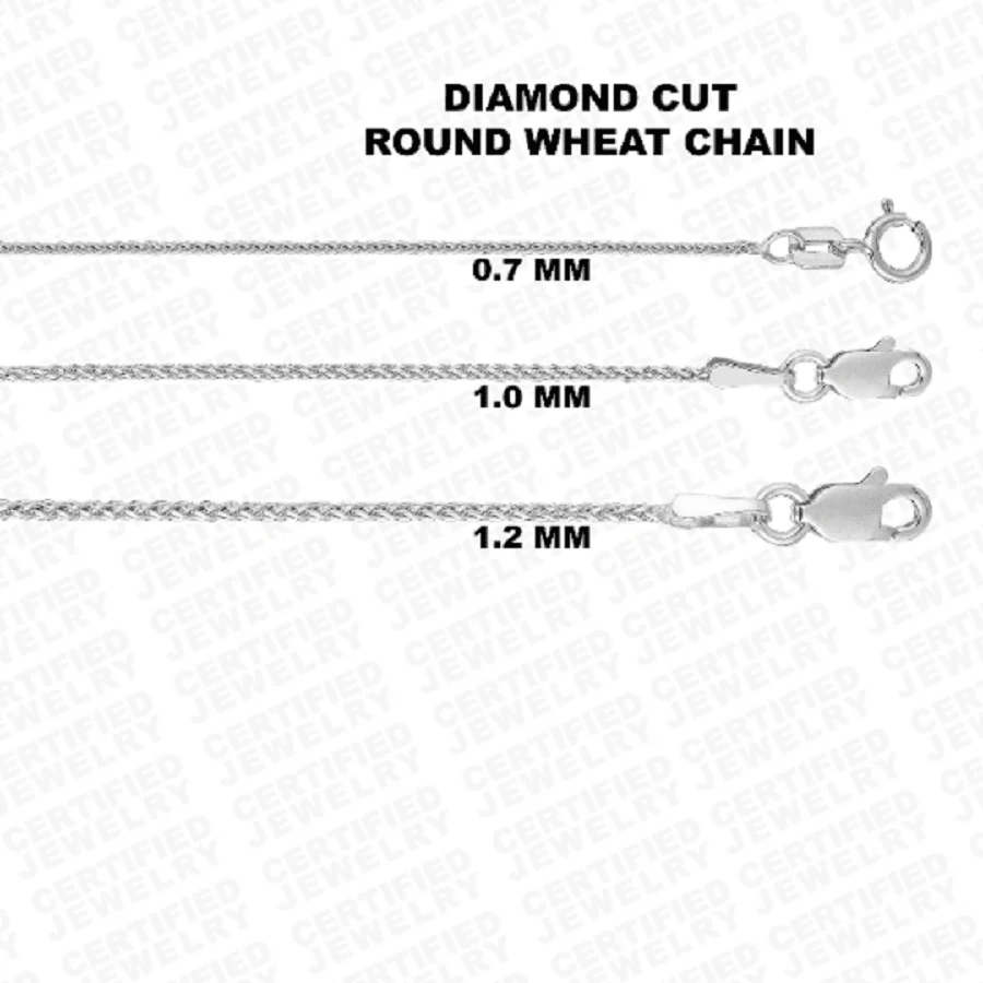 14K Solid White Gold Diamond Cut Wheat Chain Necklace. 0.7mm 1.0mm 1
