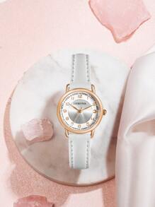 LUCKYFOX Teen Student Minimalist Versatile Rose Gold PU Leather Strap Quartz Wrist Watch - White - View 3