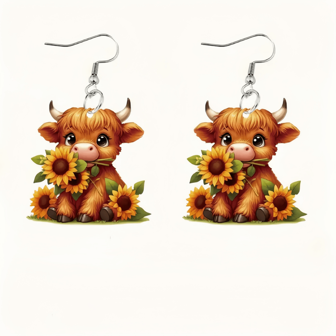 可爱奶牛向日葵装饰吊坠耳环卡通派对风格亚克力首饰可爱女士耳环情人节、妈妈、母亲、母亲节、礼物