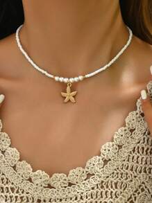 1 件手工仿珍珠金海星吊坠项链，女士海滩风格珠宝颈链适合日常佩戴和度假 - 仿珍珠+海星 - 查看 2