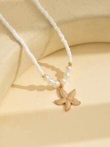 1 件手工仿珍珠金海星吊坠项链，女士海滩风格珠宝颈链适合日常佩戴和度假 - 仿珍珠+海星 - 查看 4