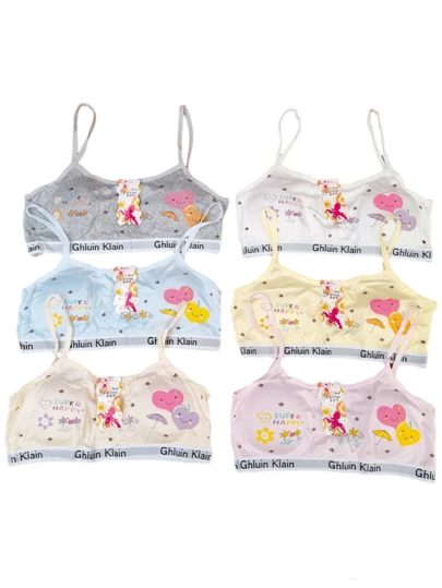 Paquete 6 Piezas Corpiño Bra Para Niña Copas Extraíbles Estampados Divertidos Unitalla Colores Surtidos Envio de Estampado depende de Disponibilidad
