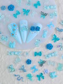 藍色5克（約50件）3D樹脂指甲裝飾套裝，心形愛心月亮玫瑰花星形蝴蝶結蛇兔皇冠形狀的指甲藝術元素，適用於DIY指甲裝飾製作手工指甲寶石指甲用品
