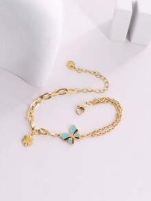 1 Tông Màu Vàng Nhỏ Giọt Xanh & Đen Bướm Cỏ Ba Lá May Mắn Mặt Dây Chuyền Bất Đối Xứng Đôi Dây Xích Vòng Tay Dành Cho Nữ Trang Phục Hàng Ngày - Vàng - Xem 6