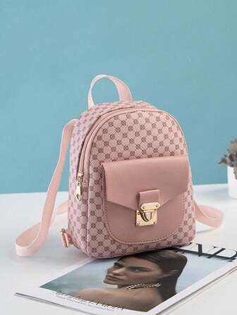 1 件 PU 皮革时尚复古圆点印花背包，经典款式，适合日常使用学校背包、书包、学校背包、返校、可爱，适合少女、女大学生，非常适合返校