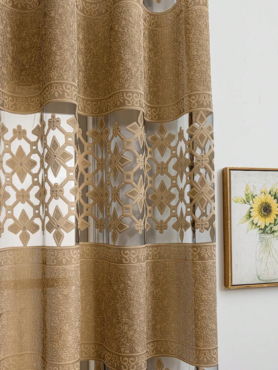 1pc American Style Black Base Fabric Double Row Gold Thread Jacquard Hollow Diamond Pattern Small Flower Transparent Sheer Curtain - Coffee Brown - View 1