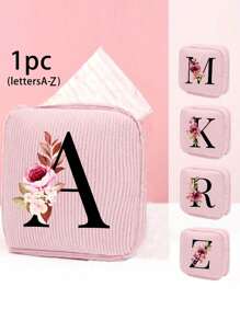 1入組字母A-Z衛生棉收納袋，粉色便攜式簡約灯芯絨小方袋Ins日系美妝包化妝品收納袋，適用於來月經的女孩！防水化妝旅行袋、包女孩錢包美妝工具收納旅行必備開學宿舍收納袋 - 彩色 - 查看 1
