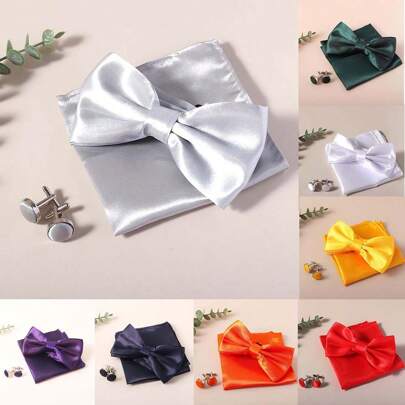 Men Solid Color Pre-Tied Bow Tie And Pocket Square Cufflink Set