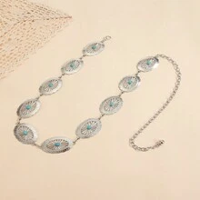 Bohemian Vintage Oval Turquoise Alloy Waist Chain For Women,  Belt For Dresses And Coats - Silver - View 4