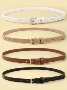 4pcs Women Classic PU Leather Belt Solid Color Simple Skinny Belt With Square Buckle For Jeans Pants Summer, School