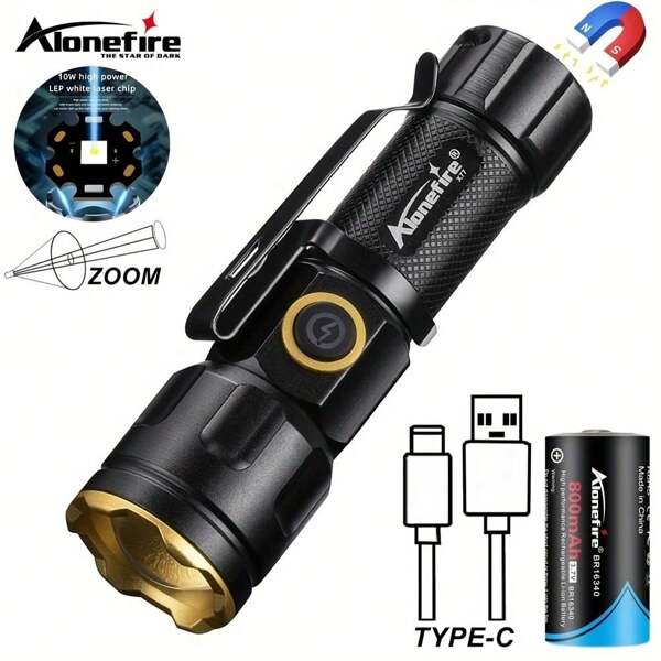 Alonefire Lampe de poche mini rechargeable à faisceau de lumière blanche avec zoom, aimantée, portable. Accessoires pour la randonnée, la maison, le travail et les urgences.