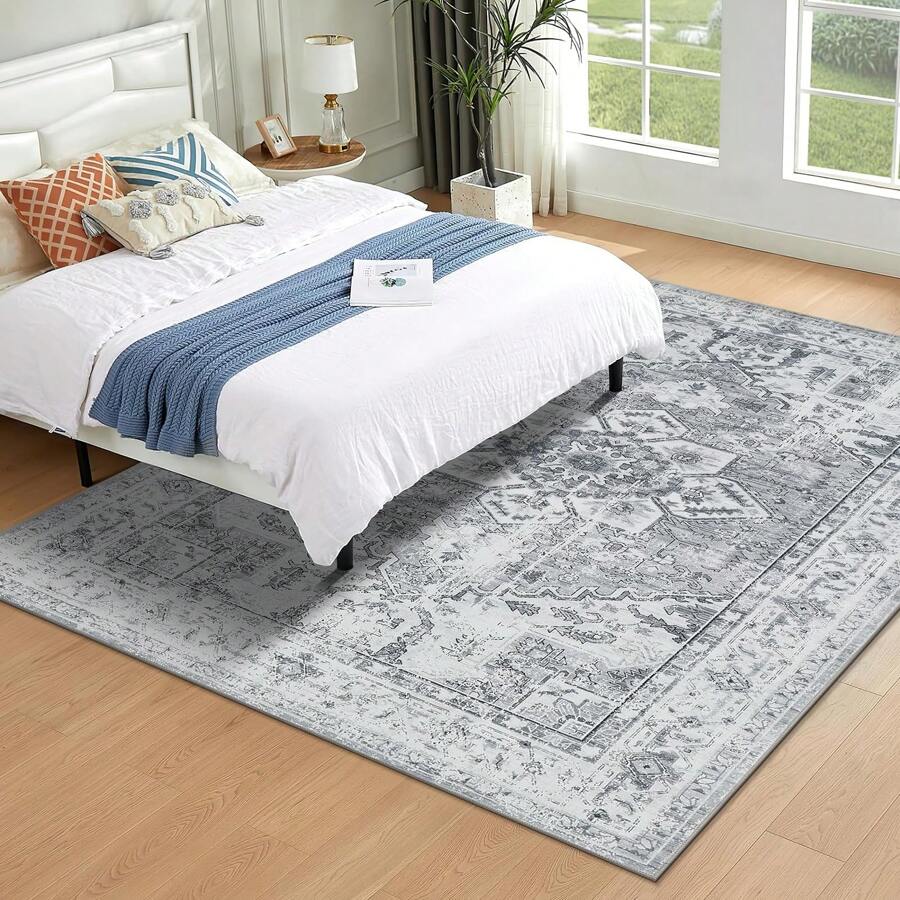 Bedding Washable Rugs Living Room Area Rugs Grey Vintage Boho Rugs Large Non Slip Carpet Moroccan Short Pile Rug For Bedroom Dining Room Kitchen Soft Faux Wool Rug (80x150cm,120x170cm,200x300cm)