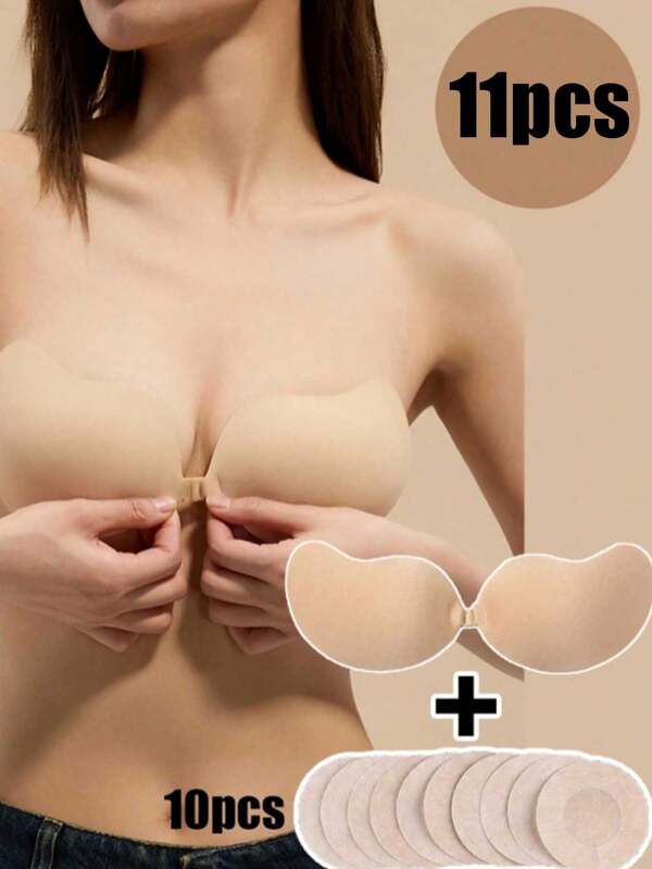 11 Stücke Mango-förmige Brust-Aufkleber für Brautkleider von Frauen, unsichtbarer Anti-Leerlauf-Nippel-Silikon-BH mit Riemen und ungewebten runden Aufklebern für Partys, Sport und Hochzeiten