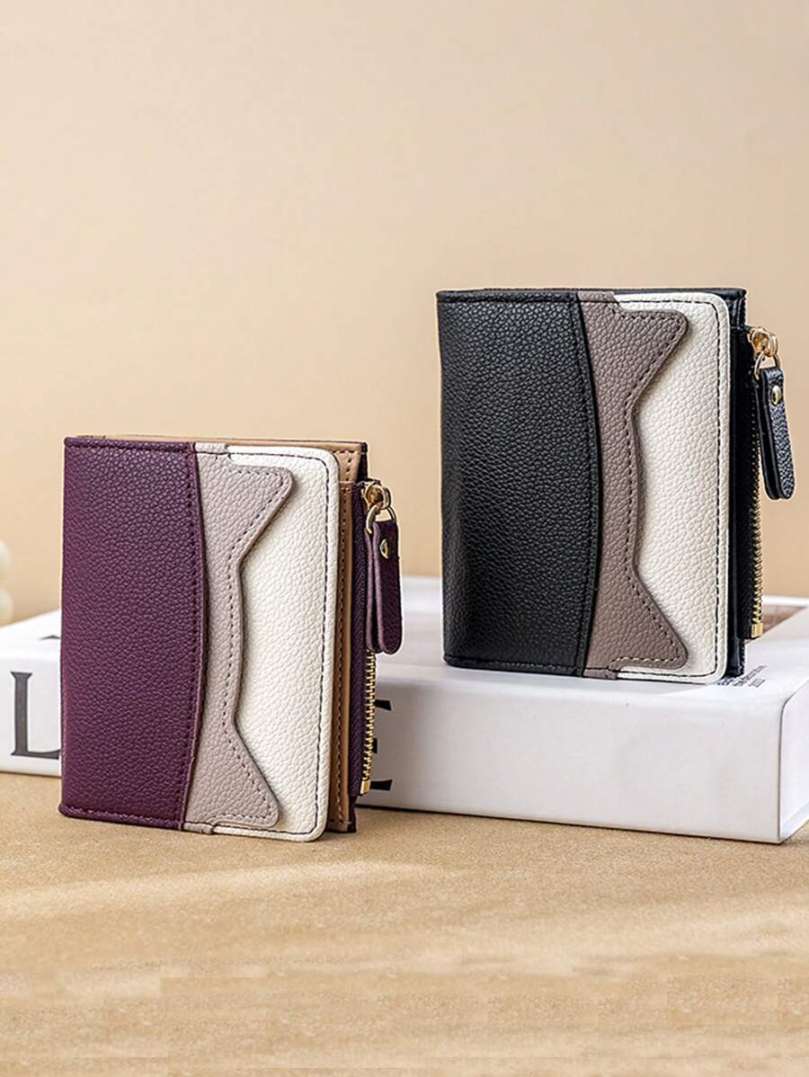New Short Splicing Wallet Creative Multi-Colored Coin With Zipper Multiple Cards Stylish And Simple Color Blocking Women's Wallet For Women Wallet Purse Wallet Small Wallet - Purple - View 1