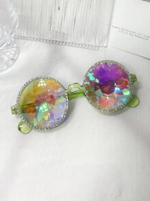 1 Peça Óculos de sol da moda feminina com armação de plástico rosa magenta vibrante, decoração de cristal de kaleidoscópio brilhante, acessório de fantasia de festa de luxo estilo Y2K, adequado para praia, festa temática, festival (óculos sem grau com pano de limpeza), acessórios de praia para mulheres, óculos escuros, básicos de roupas femininas para outono/inverno, presentes para férias na praia, ao ar livre, viagens