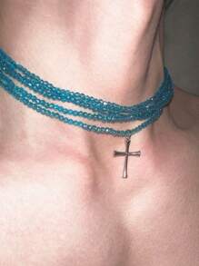 1pc 5-Layer Cross Necklace With Glass Crystal Suitable For Daily Wear, Unisex - Red - View 4