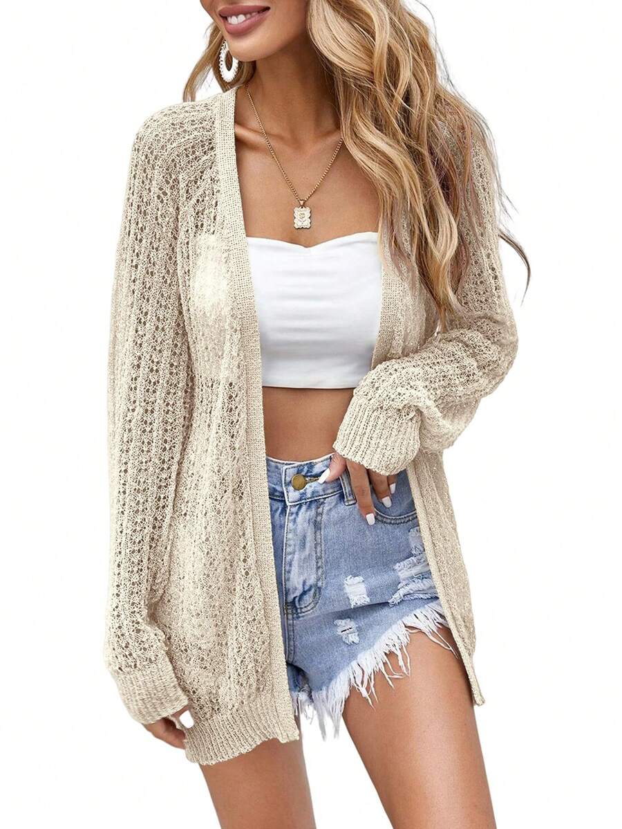 Women Crochet Lightweight Cardigan Cover Up Open Front Long Sleeve Summer Cardigans - Blue and White - View 1